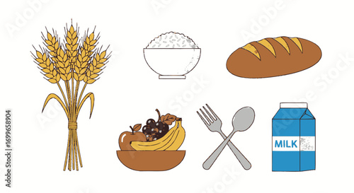 Cartoon Illustration of Diverse Food Groups Grains Fruits Dairy and Bread.