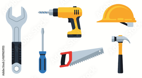 Construction Tools Set Wrench Drill Hard Hat Screwdriver Saw and Hammer.