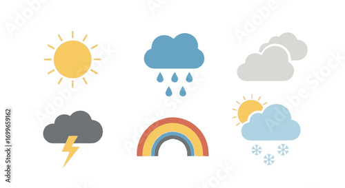 Weather Icons Set Sun Rain Clouds Lightning Rainbow Snowflakes.
