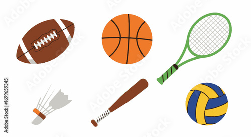 Assorted Sports Equipment Football Basketball Tennis Racket and More.