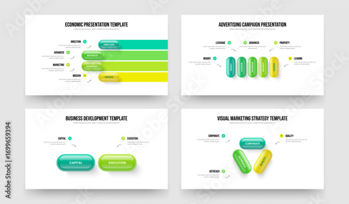 Corporate Launch 4 5 2 3 Step Diagram Slide Template Collection. Advertising Briefing Four Five Two Three Element Infographic Presentation Layout Vector Illustration Bundle.