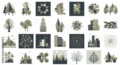 Collection of Stylized Trees Buildings and TechInspired Graphic Elements.