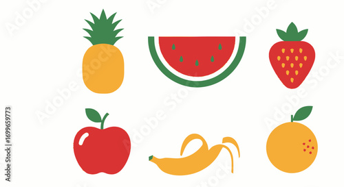 Colorful Fruit Icons Pineapple Watermelon Strawberry Apple Banana Orange.