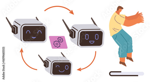 Smiling chatbots in a cyclical process, human interacting with system. Ideal for automation, AI, chatbot tech, system optimization, workflow, team tasks efficient communication. Simple flat metaphor