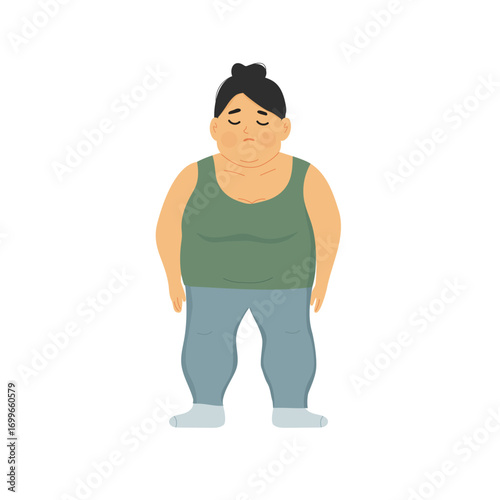 Obese woman on the scales. Excess weight problems. Obese woman on the scales. Excess weight problems