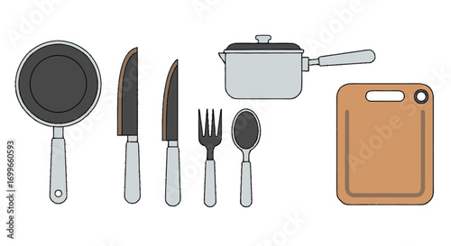 Kitchen Utensils Set Pan Knives Pot Fork Spoon and Cutting Board.
