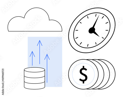 Cloud, clock, dollar coins, and data storage visualizing digital efficiency and success. Ideal for technology, productivity, time management, financial growth, cloud computing innovation simple