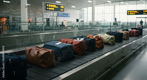 A row of various colorful suitcases and travel bags sits on a conveyor belt at an airport baggage claim area. The modern terminal is spacious with glass walls and overhead flight information displays.