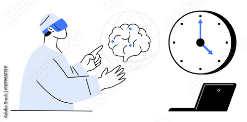 Man wearing VR headset interacts with digital brain hologram near clock and laptop. Ideal for innovation, AI, multitasking, time management, technology, virtual reality, productivity. Simple flat