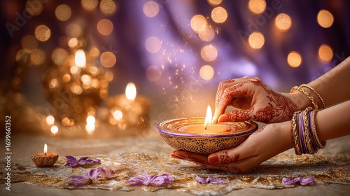 Elegant Diwali Celebration with Henna Adorned Hands Holding Traditional Diya
