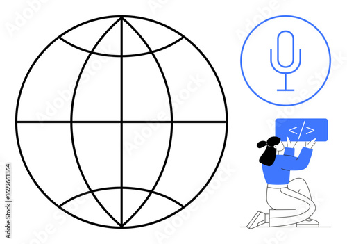 Globe outline, microphone icon, woman holding coding screen, kneeling. Ideal for technology, coding, global outreach, communication, software education simple landing page