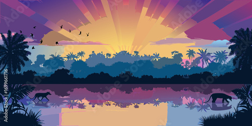Vibrant sunset over tropical jungle with animals reflected in water