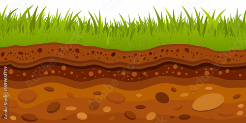 Cross section of soil layers with green grass on top