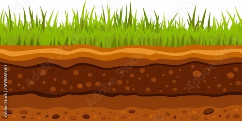 Cross section of green grass and layered soil with pebbles