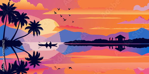 Serene tropical sunset with silhouettes of palm trees and a canoe