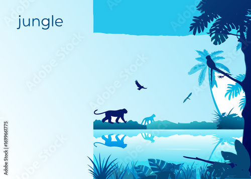 Monkeys and birds in a stylized blue jungle landscape with reflections