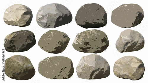 Collection of twelve diverse natural stones isolated on white background