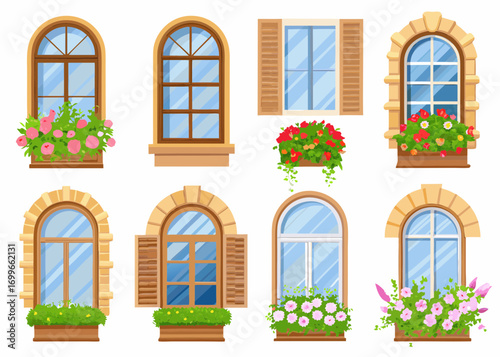 Collection of charming arched windows with flower boxes and shutters