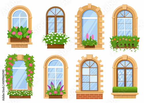 Collection of eight arched windows with flower boxes and plants