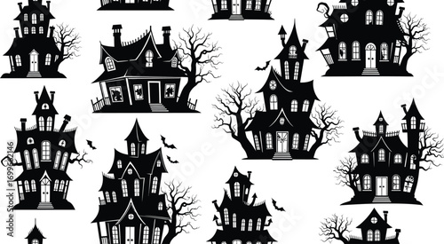 Seamless pattern of spooky haunted houses, perfect for halloween themed backgrounds, textiles, wrapping paper, and creepy designs
