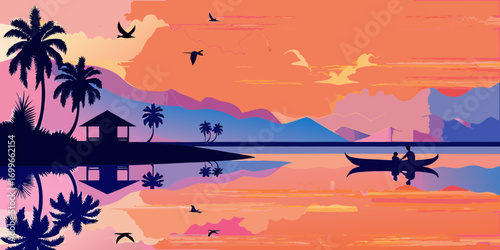 Serene tropical sunset with silhouetted palm trees and couple in a boat
