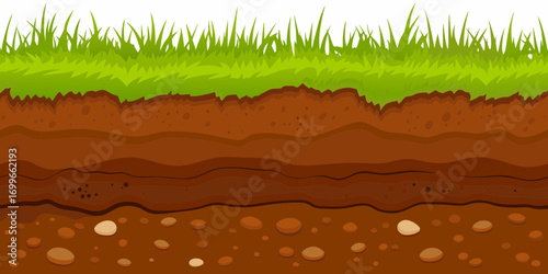 Cross section of green grass and layered soil with rocks