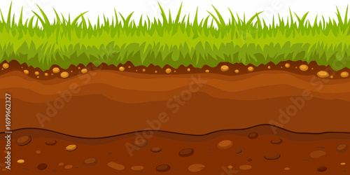 Cross section of fertile soil with green grass on top
