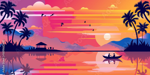 Tropical sunset silhouette scene with palm trees and couple in a boat