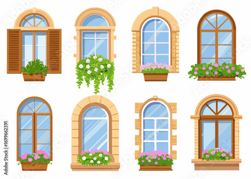 Collection of eight arched windows with flower boxes and shutters