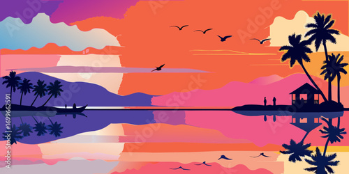 Vibrant tropical island silhouette at sunset with palm trees and calm water reflection