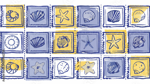 Nautical pattern of seashells and starfish in blue and yellow squares