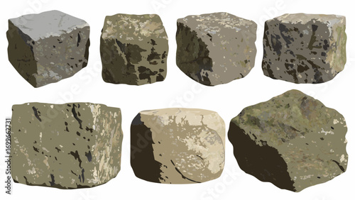 Collection of seven rough textured stone blocks isolated on white background