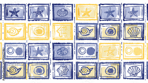 Seamless pattern of hand drawn nautical motifs in blue and yellow squares