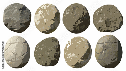 Collection of eight realistic illustrations of smooth rounded stones
