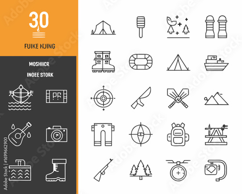 Collection of outdoor adventure and camping icons with a number 30