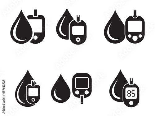 Simple black and white icons of blood glucose monitoring devices and blood drops.