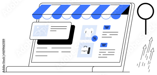 Laptop with a digital storefront layout, showcasing products, discount tags, and carts. Magnifying glass and upward arrows suggest exploration, growth, and innovation. Ideal for e-commerce, online