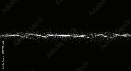 Abstract digital waveform of glowing white particles oscillating on a black background, representing technology and data flow