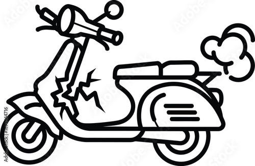 Line art illustration of a broken scooter with smoke coming out of the exhaust