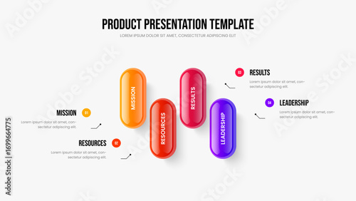 Modern Launch Four Element Diagram Presentation Layout. Advertising Visualization Slideshow Template Vector Illustration. Market Proposal 4 Option Infographic Frame Design.
