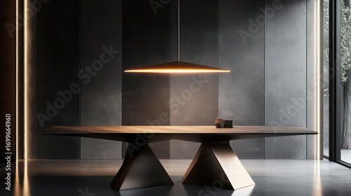 Contemporary dining table with geometric pendant light casting focused glow