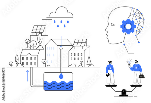 Solar panel rooftops, water-saving system in eco-city, AI concepts with brain and gear, businesspeople weighing innovation against profit. Ideal for sustainability, technology, smart cities