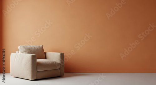 Beige armchair with pillow in a minimalist room with orange wall
