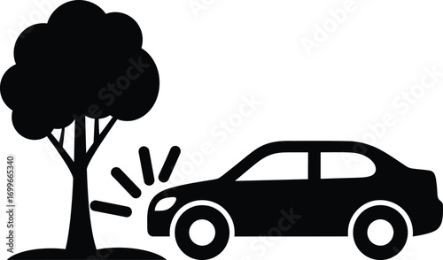 Illustration of a car crashing into a tree, with a black silhouette