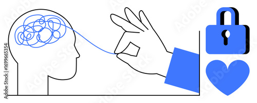 Hand untangling a messy line in a brain silhouette, symbolizing clarity and problem-solving. Beside it are lock and heart symbols for trust, mindfulness, and emotional security. Ideal for mental