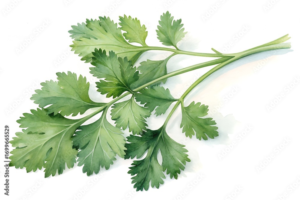 Fototapeta premium Fresh Cilantro Herb Sprigs with Delicate Leaves on White Background green