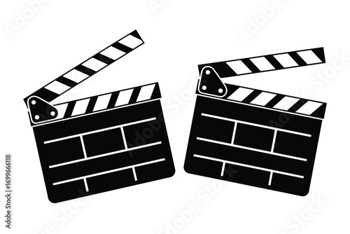Two black and white film clapperboards isolated on a white background