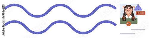 Wavy lines and warning sign over portrait suggest detection of deepfakes or misinformation. Ideal for media literacy, technology awareness, digital safety, AI ethics, education, journalism, online