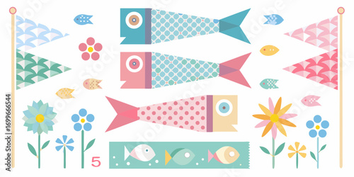 Colorful japanese koinobori carp streamers and floral decorations in a whimsical flat design style