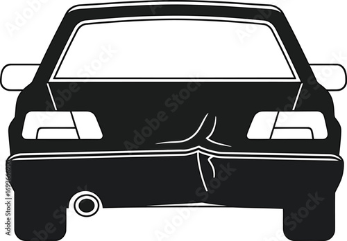 Rear view of a black car with a dent on the bumper, , showing damage from accident
